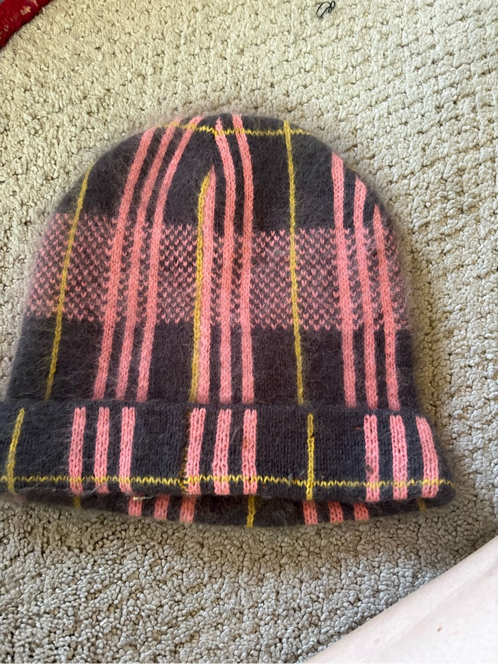 H&M Angora Plaid Beanie - Pink, Charcoal & Yellow